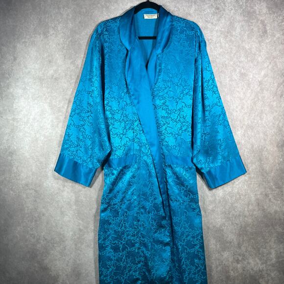 Vintage Victoria's Secret Gold Label Robe Womens Size Large Blue Floral Jacquard - Picture 1 of 9